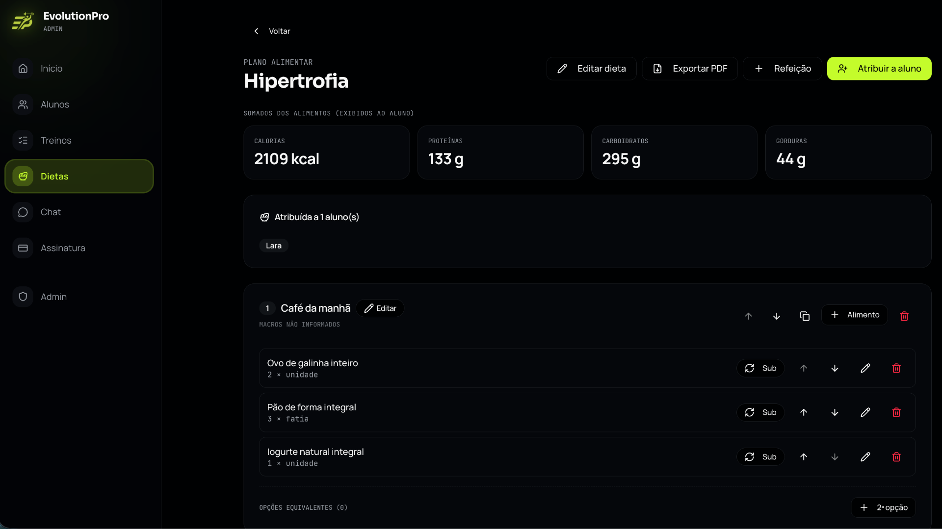 Editor de dieta da plataforma EvolutionPro