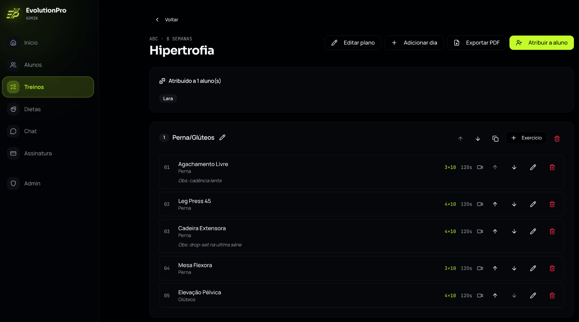 Editor de treino da plataforma EvolutionPro